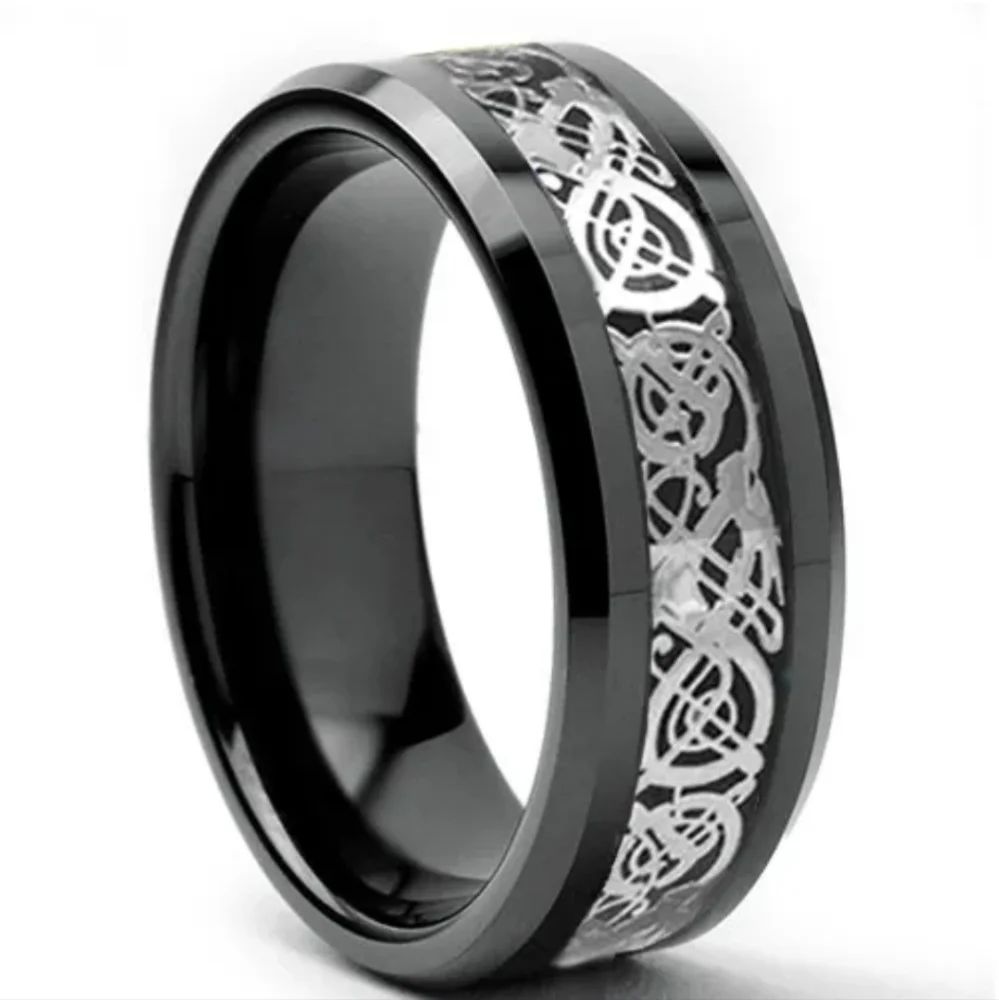 Silver Tungsten Black Dragon Carbon Fiber Inlay 8mm Wide Beveled Edge Band Ring